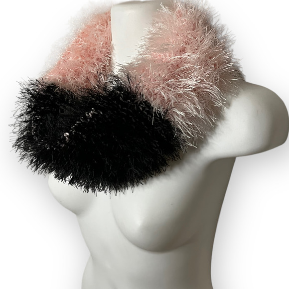 Handmade Women's Hand Knit Pink & Black Fuzzy Faux Fur Yarn Cowl, Neck Warmer - Picture 3 of 11